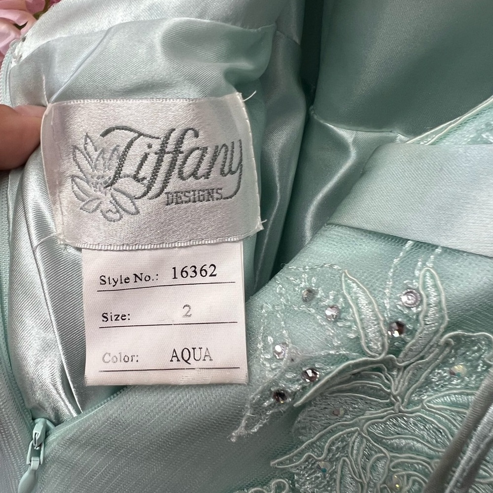 Tiffany Designs 16362 size 2 aqua a line dress with tulle. Tie up back - Picture 6 of 6